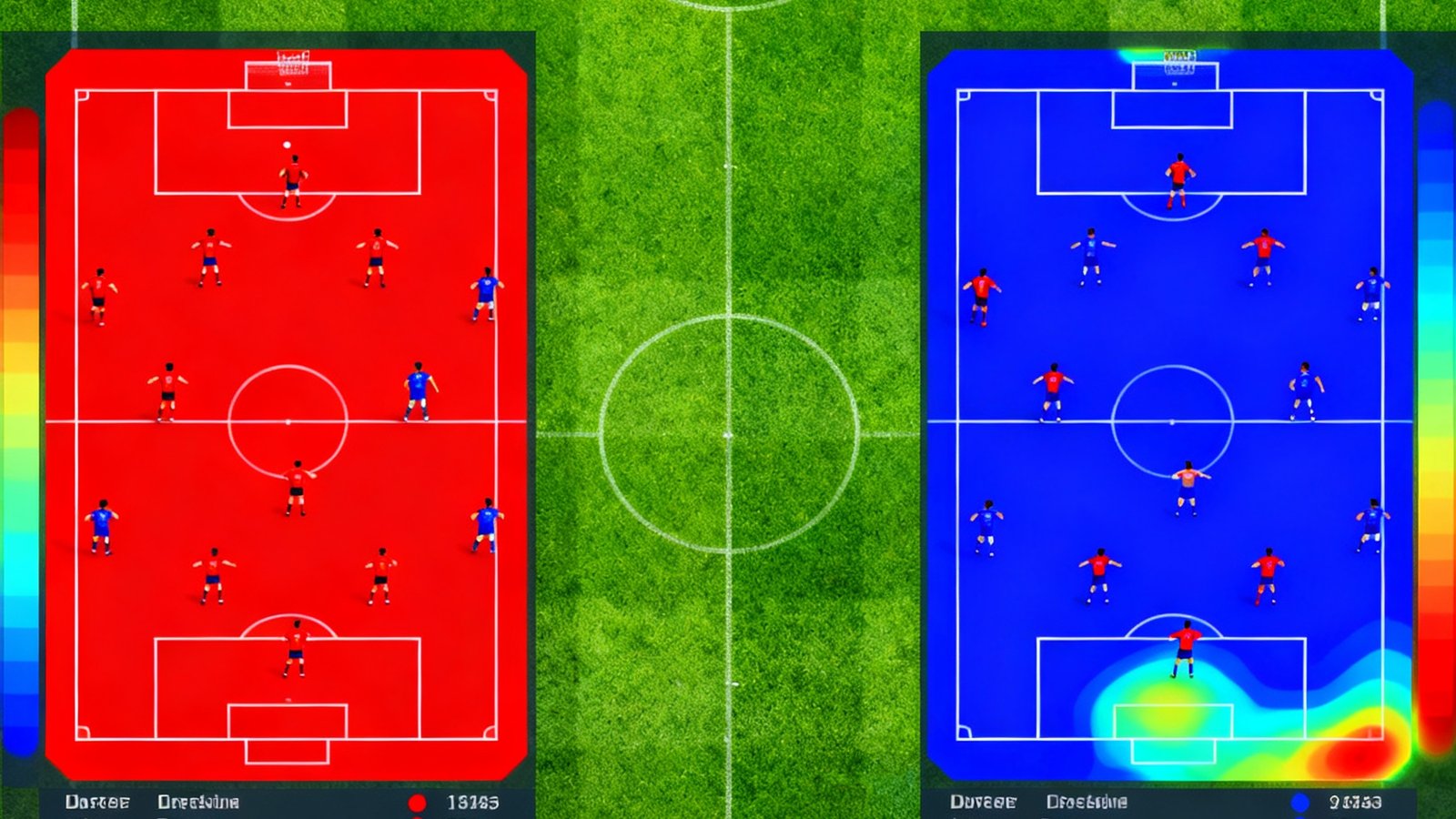 战术分析界面显示欧冠决赛双方阵型图与跑动热力图，数据图表叠加在绿茵场俯视图上